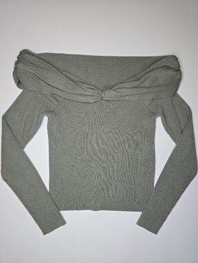 Abercrombie & Fitch Ribbed Off Shoulder Sweater Top Green Foldover Large